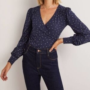 Women's Boden Blouson Sleeve Faux Wrap Top Navy Gold 12 Top Polka Dot